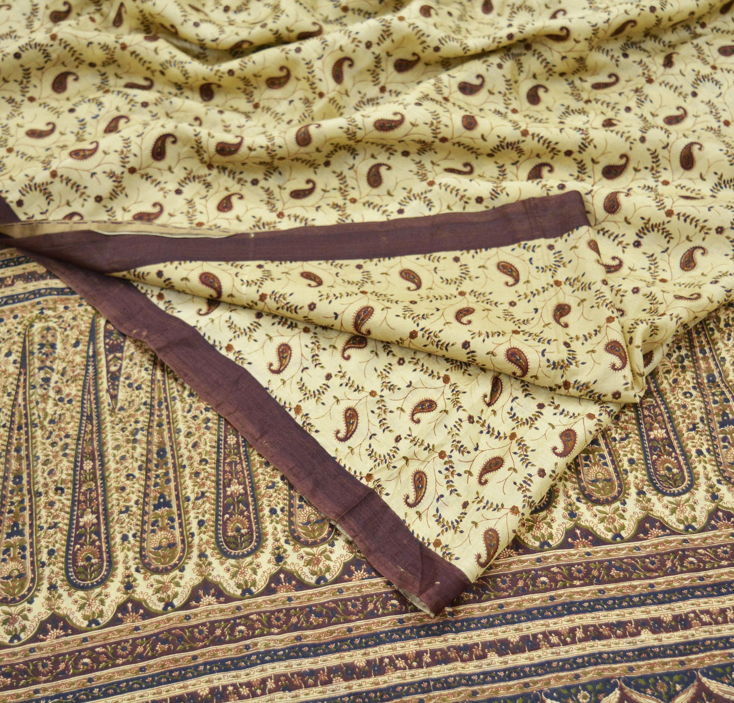 Indian Vintage Sari Brown & Beige Pure Silk Printed Sarees Craft Fabric 6yd Sewing Dress Making Soft Paisley Upcycle Crafting Quilting