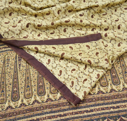 Indian Vintage Sari Brown & Beige Pure Silk Printed Sarees Craft Fabric 6yd Sewing Dress Making Soft Paisley Upcycle Crafting Quilting