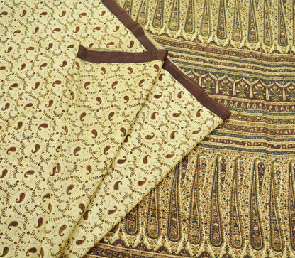 Indian Vintage Sari Brown & Beige Pure Silk Printed Sarees Craft Fabric 6yd Sewing Dress Making Soft Paisley Upcycle Crafting Quilting