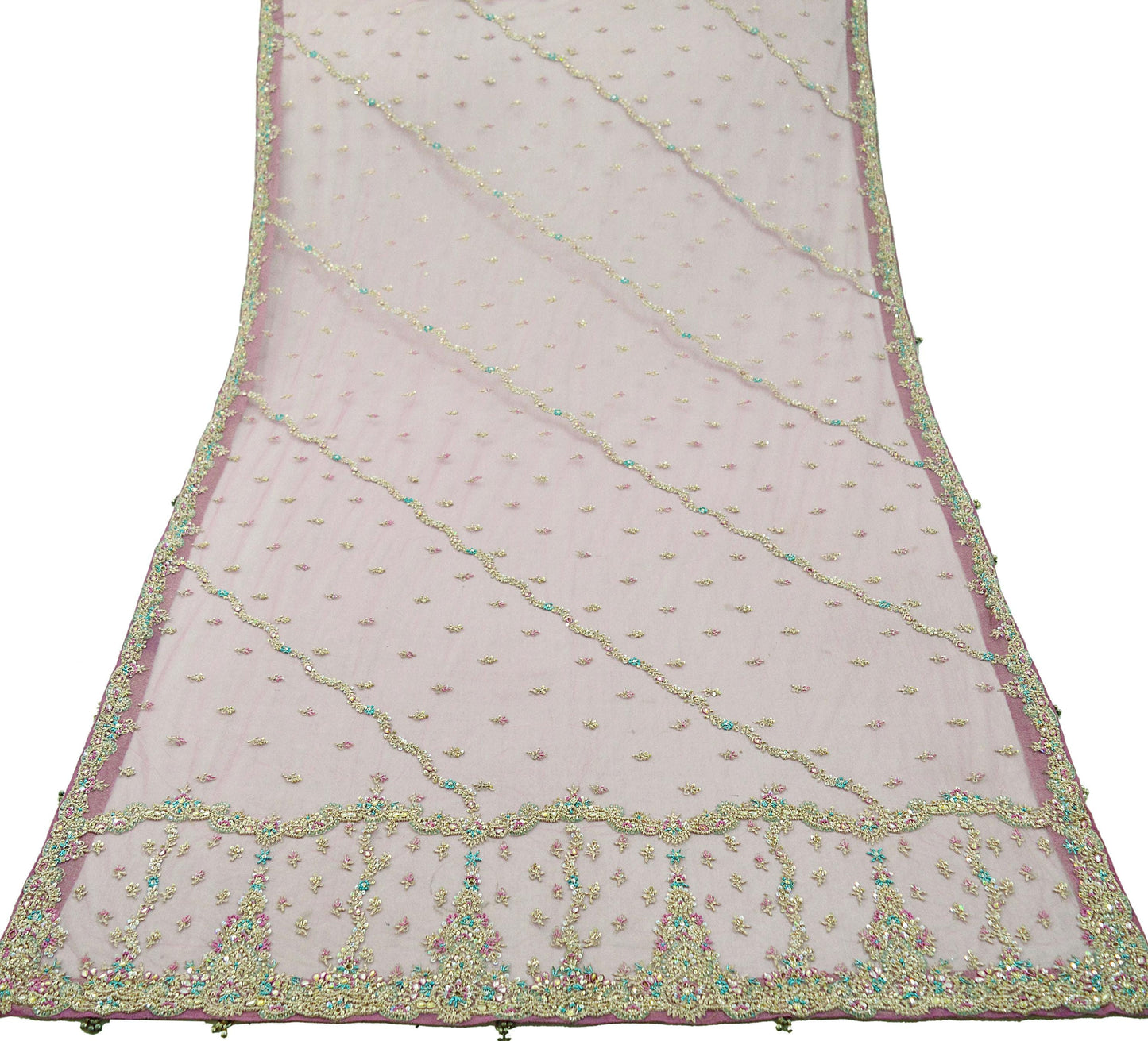 Indian Vintage Heavy Pink Dupatta Net Mesh Long Stole Hand Embroidered Scarves Silver Zardozi Dabka Zari Sequins