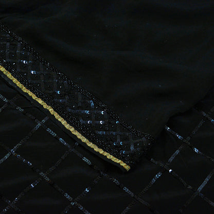 FREE SHIPPING Indian Vintage Black Saree Pure Crepe Silk Hand Embroidered Indian Sari Fabric 5Yd Sewing Soft Sequins