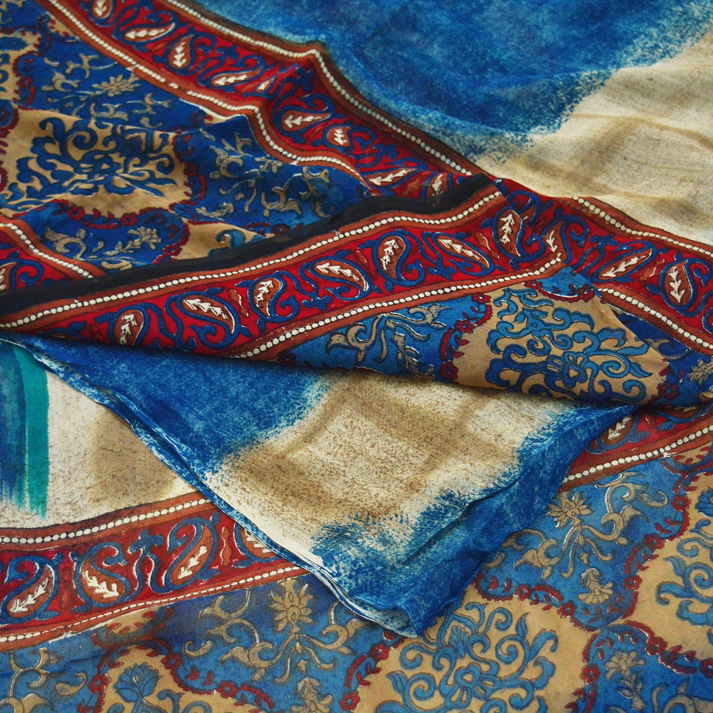 Indian Vintage Sari Beige & Blue Pure Georgette Silk Saree Craft Fabric Sewing 6Yard Soft Light Dress Making Floral