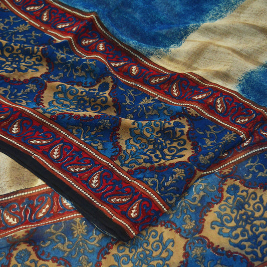 Indian Vintage Sari Beige & Blue Pure Georgette Silk Saree Craft Fabric Sewing 6Yard Soft Light Dress Making Floral