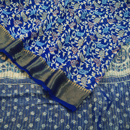 Indian Vintage Sari Blue Printed Sari Blend Cotton Saree Fabric 5Yard Floral Soft Golden Zari Paisley