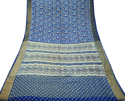 Indian Vintage Sari Blue Printed Sari Blend Cotton Saree Fabric 5Yard Floral Soft Golden Zari Paisley