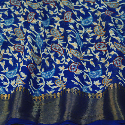Indian Vintage Sari Blue Printed Sari Blend Cotton Saree Fabric 5Yard Floral Soft Golden Zari Paisley