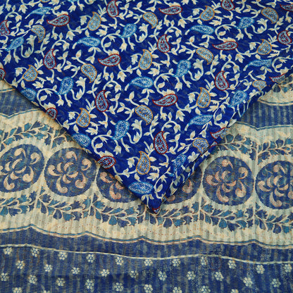 Indian Vintage Sari Blue Printed Sari Blend Cotton Saree Fabric 5Yard Floral Soft Golden Zari Paisley