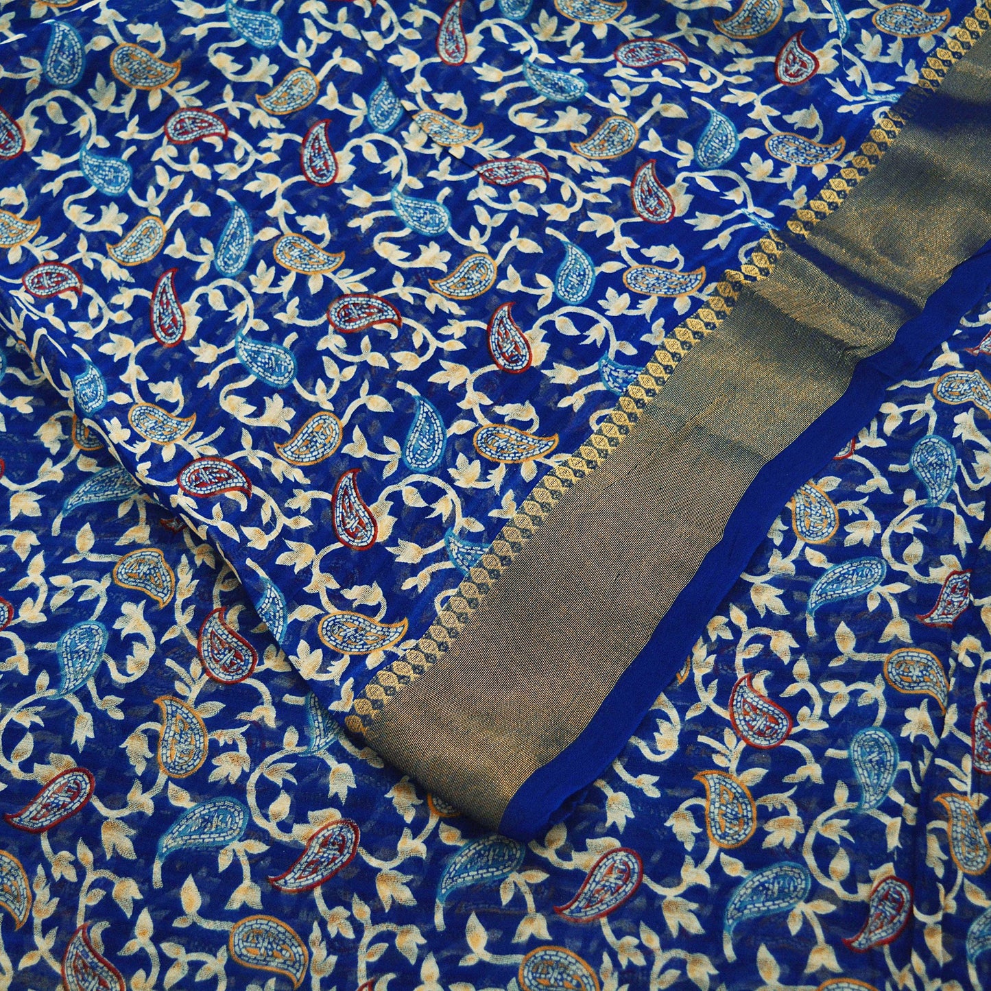 Indian Vintage Sari Blue Printed Sari Blend Cotton Saree Fabric 5Yard Floral Soft Golden Zari Paisley