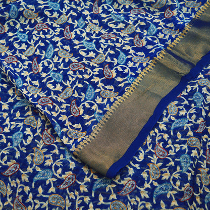 Indian Vintage Sari Blue Printed Sari Blend Cotton Saree Fabric 5Yard Floral Soft Golden Zari Paisley