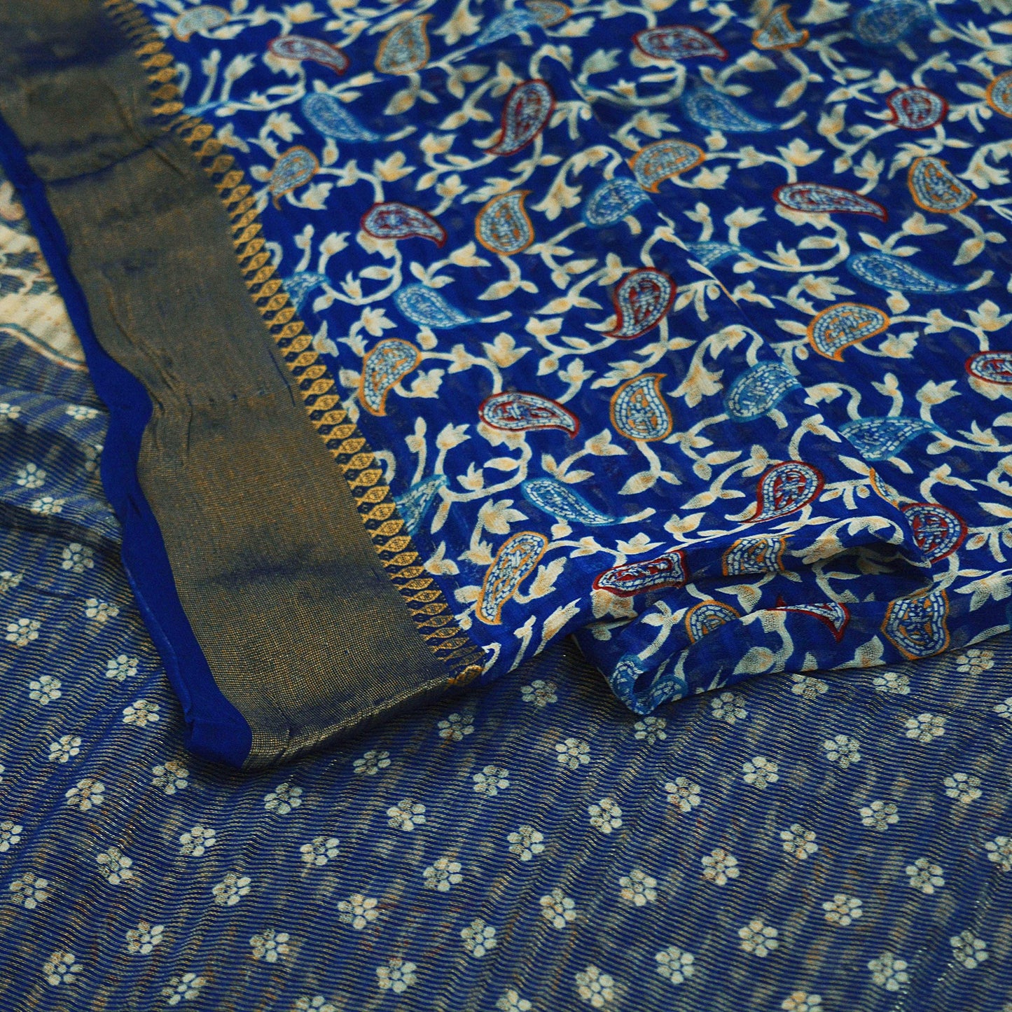 Indian Vintage Sari Blue Printed Sari Blend Cotton Saree Fabric 5Yard Floral Soft Golden Zari Paisley