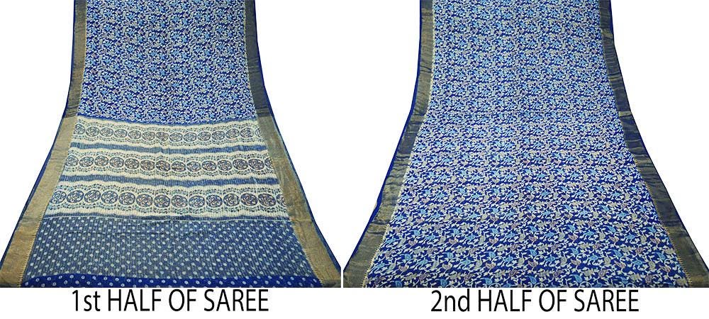 Indian Vintage Sari Blue Printed Sari Blend Cotton Saree Fabric 5Yard Floral Soft Golden Zari Paisley