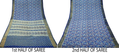 Indian Vintage Sari Blue Printed Sari Blend Cotton Saree Fabric 5Yard Floral Soft Golden Zari Paisley