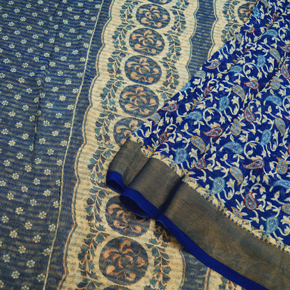 Indian Vintage Sari Blue Printed Sari Blend Cotton Saree Fabric 5Yard Floral Soft Golden Zari Paisley