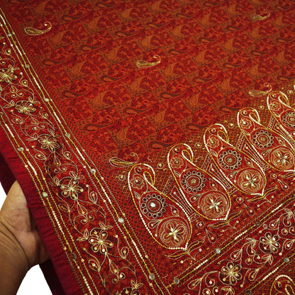 Indian Vintage Maroon Saree Organza hand Embroidered Sari Craft Fabric 5Yd Sewing Ethnic Zari Dress making Upcycle Crafting Quilting