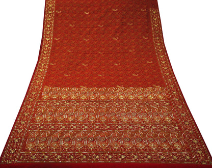 Indian Vintage Maroon Saree Organza hand Embroidered Sari Craft Fabric 5Yd Sewing Ethnic Zari Dress making Upcycle Crafting Quilting