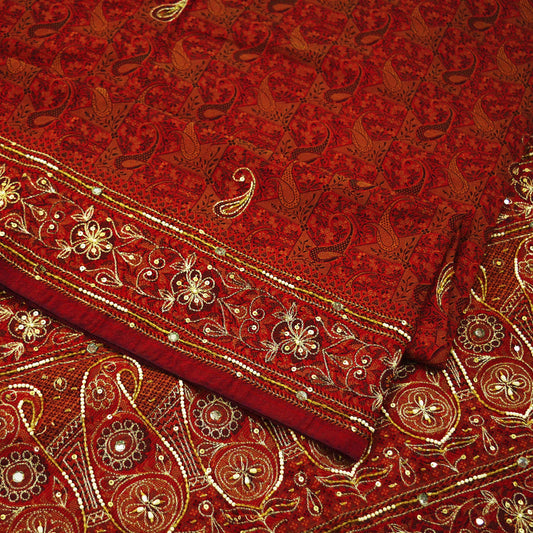 Indian Vintage Maroon Saree Organza hand Embroidered Sari Craft Fabric 5Yd Sewing Ethnic Zari Dress making Upcycle Crafting Quilting
