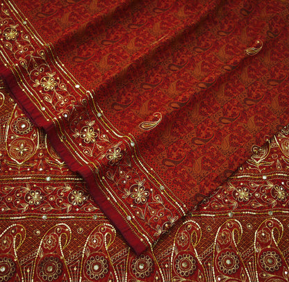 Indian Vintage Maroon Saree Organza hand Embroidered Sari Craft Fabric 5Yd Sewing Ethnic Zari Dress making Upcycle Crafting Quilting