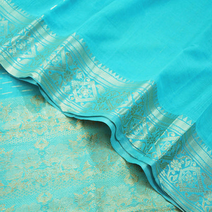 Vintage Sari Blue Pure Cotton Hand Woven Saree Golden Zari 5Yard Soft Floral Golden Zari