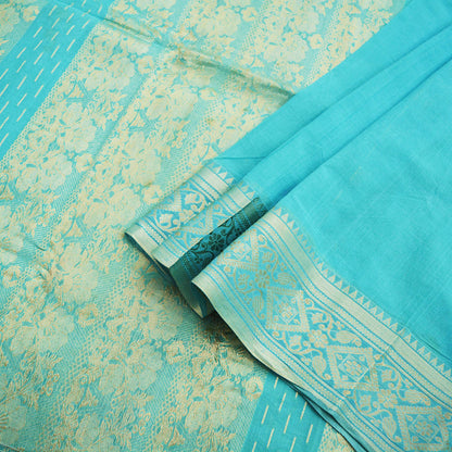 Vintage Sari Blue Pure Cotton Hand Woven Saree Golden Zari 5Yard Soft Floral Golden Zari