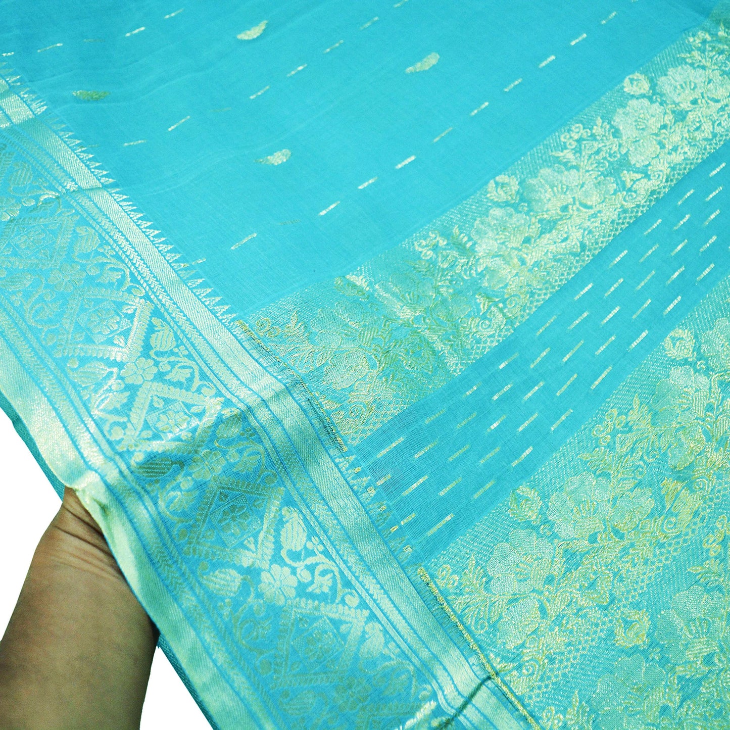 Vintage Sari Blue Pure Cotton Hand Woven Saree Golden Zari 5Yard Soft Floral Golden Zari
