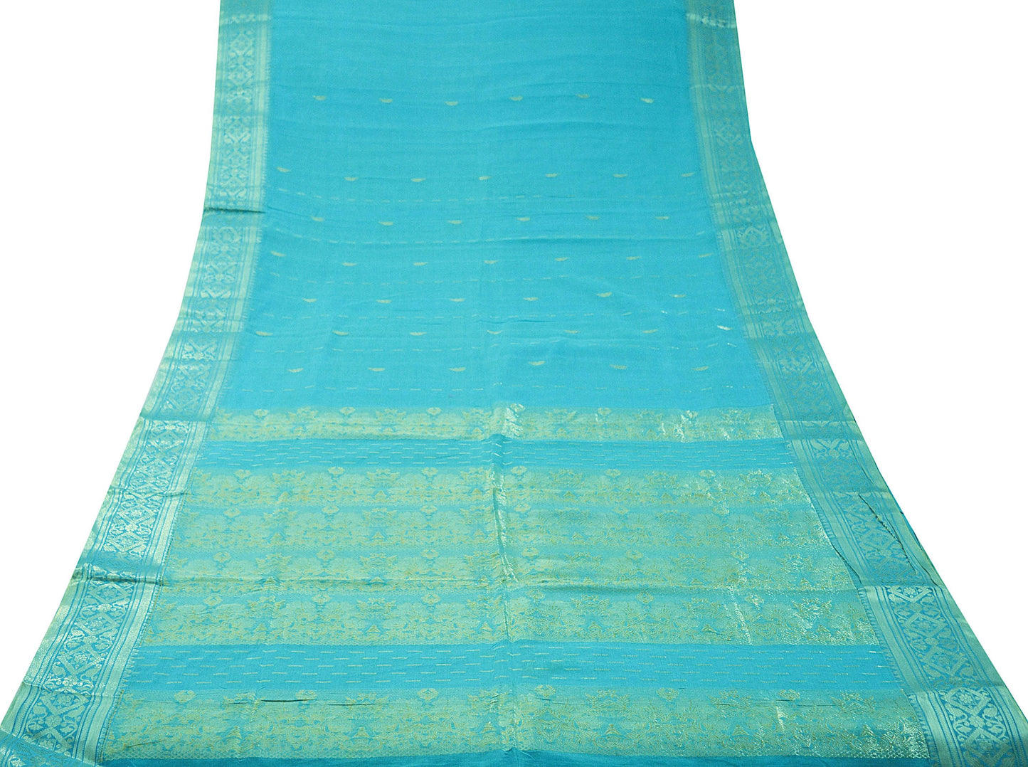 Vintage Sari Blue Pure Cotton Hand Woven Saree Golden Zari 5Yard Soft Floral Golden Zari