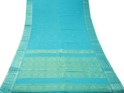 Vintage Sari Blue Pure Cotton Hand Woven Saree Golden Zari 5Yard Soft Floral Golden Zari