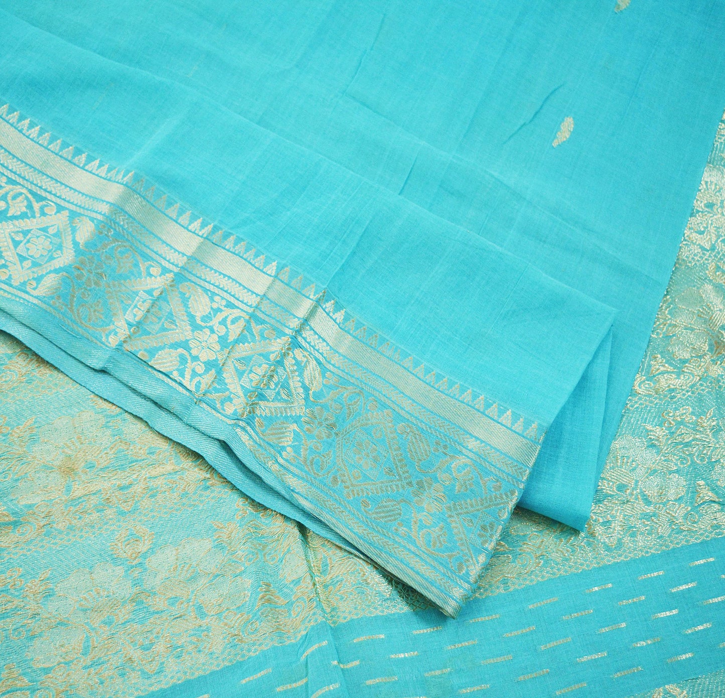 Vintage Sari Blue Pure Cotton Hand Woven Saree Golden Zari 5Yard Soft Floral Golden Zari