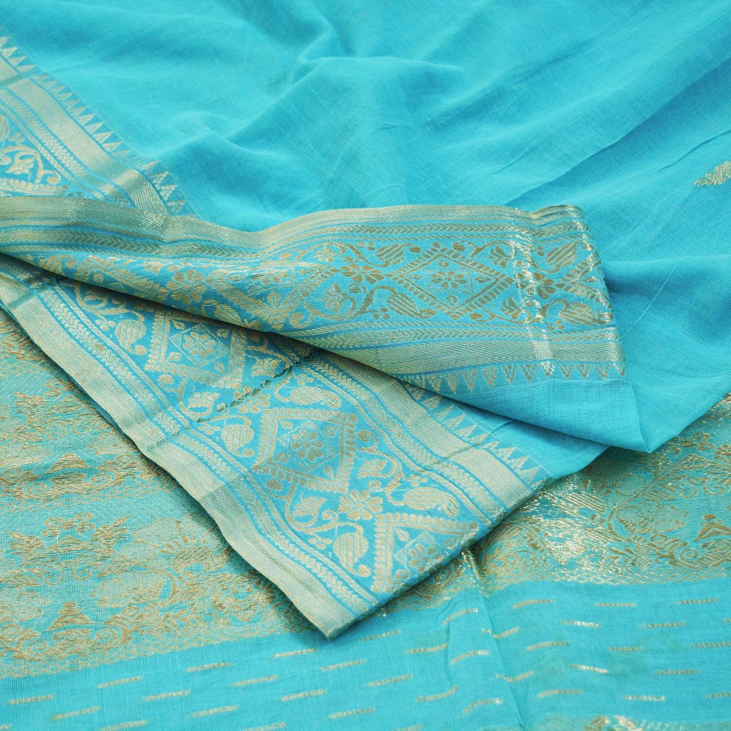 Vintage Sari Blue Pure Cotton Hand Woven Saree Golden Zari 5Yard Soft Floral Golden Zari