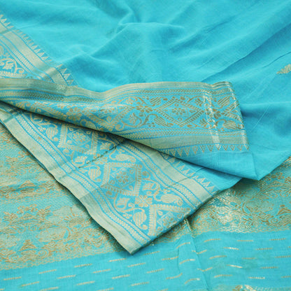 Vintage Sari Blue Pure Cotton Hand Woven Saree Golden Zari 5Yard Soft Floral Golden Zari