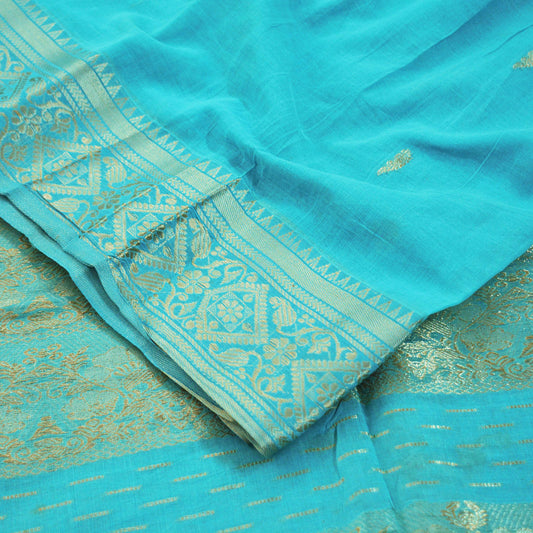 Vintage Sari Blue Pure Cotton Hand Woven Saree Golden Zari 5Yard Soft Floral Golden Zari