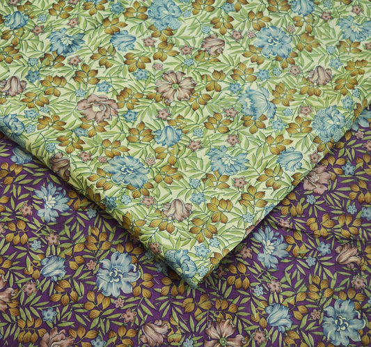 Indian Vintage Sari Purple & Ivory Pure Silk Printed Saree 5yd Sewing Craft Fabric DressMaking Floral Quilting Used