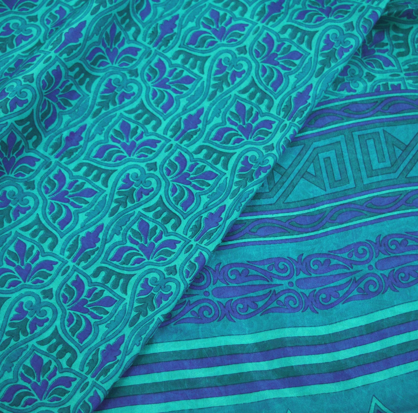 Indian Vintage Saree Blue Pure Silk Printed Sari 5yd Craft Fabric Sewing Floral Soft Wrap Sarong Quilting Used