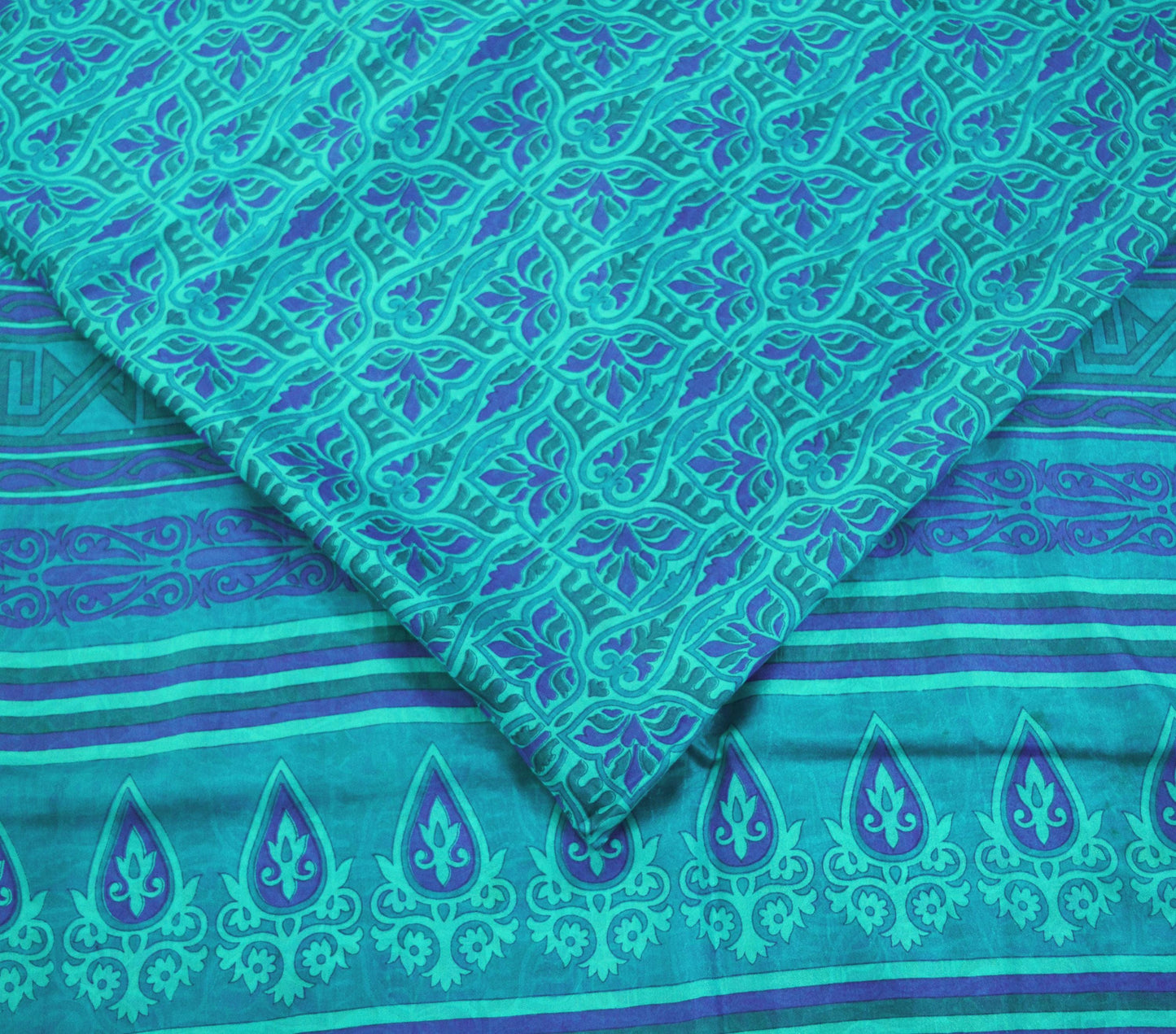 Indian Vintage Saree Blue Pure Silk Printed Sari 5yd Craft Fabric Sewing Floral Soft Wrap Sarong Quilting Used