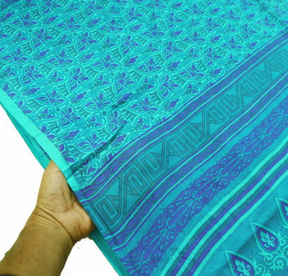 Indian Vintage Saree Blue Pure Silk Printed Sari 5yd Craft Fabric Sewing Floral Soft Wrap Sarong Quilting Used