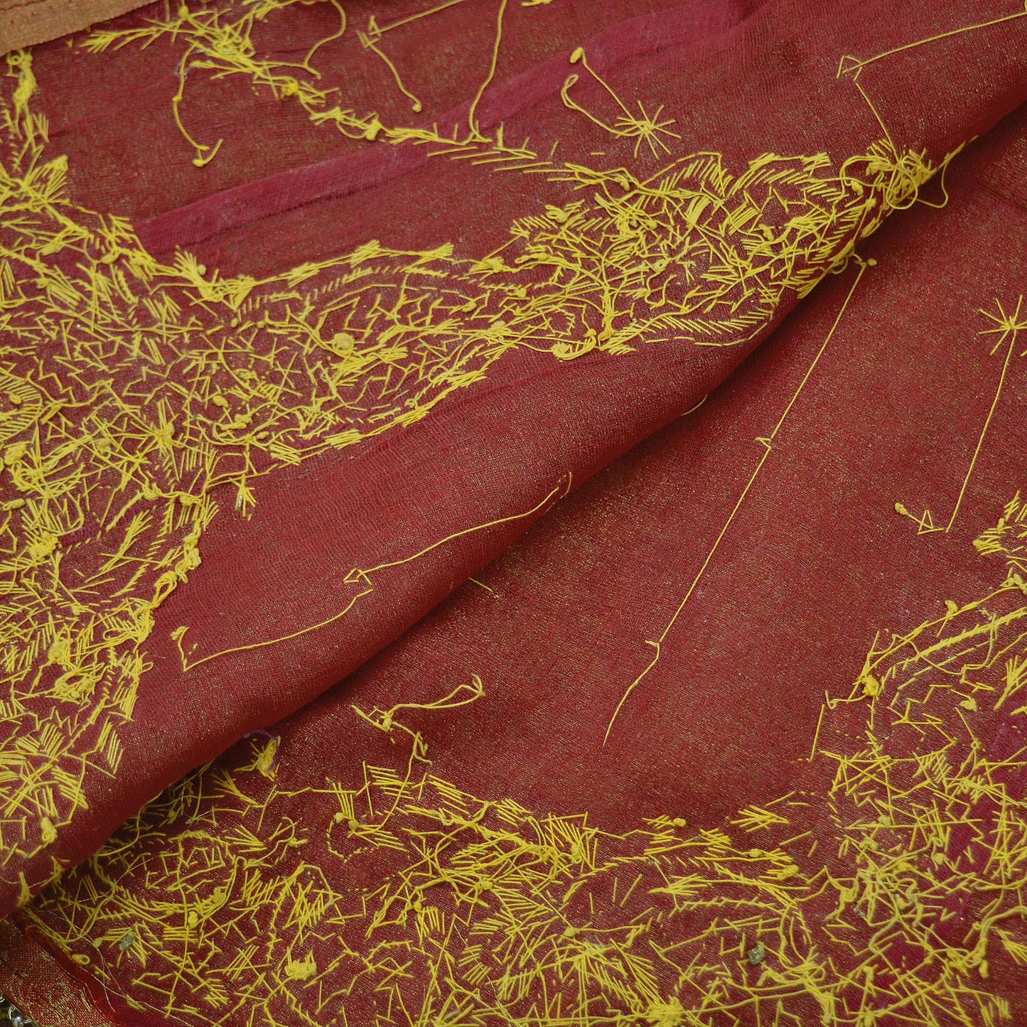 Indian Vintage Heavy Bridal Dupatta Golden Red Pure Tissue Silk Long Stole Hand Embroidered Scarves Zari Zardozi/Dabka Wedding Hijab