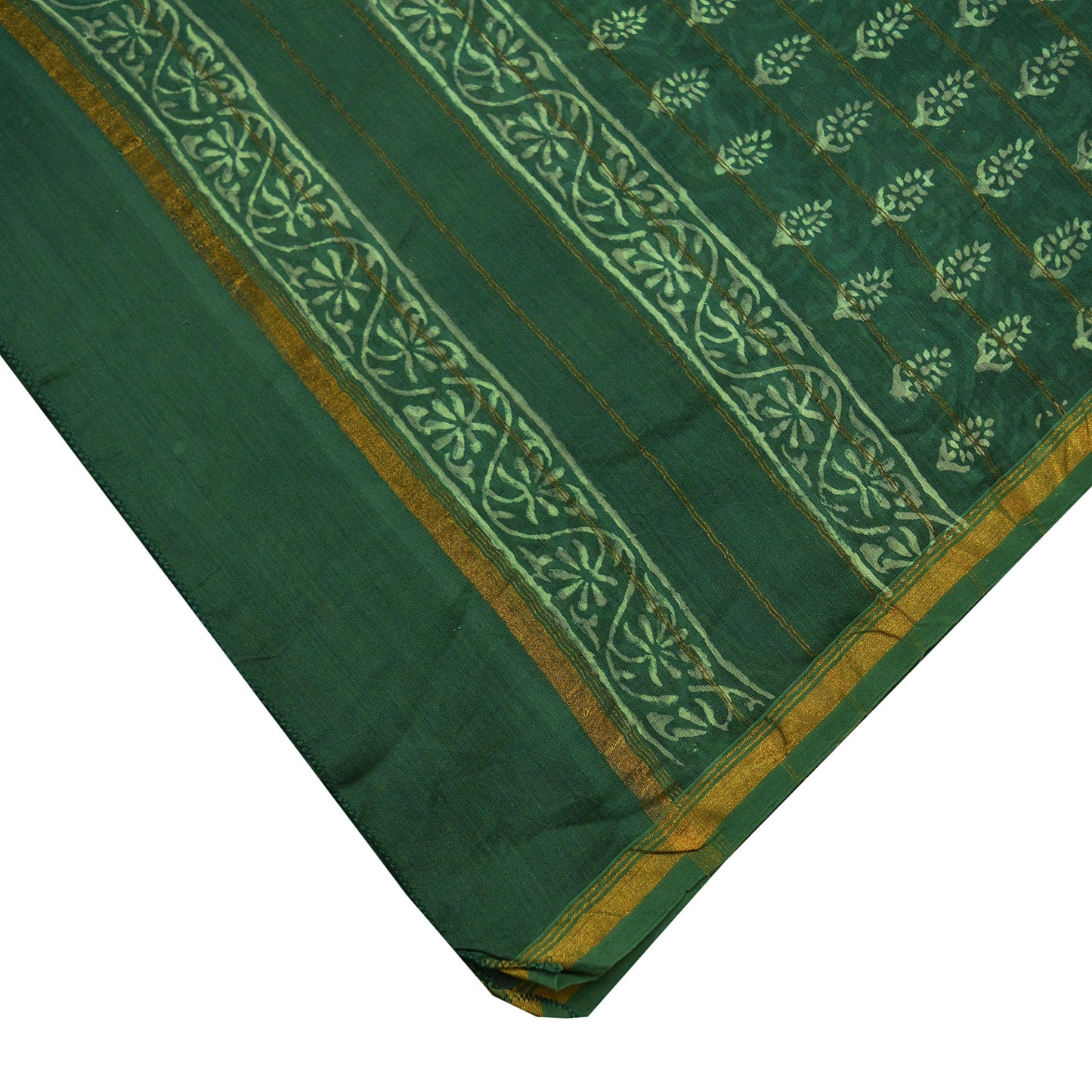 Indian Vintage Green Dupatta Long Stole Block Print Pure Chanderi Silk Scarves Veil Floral Design Upcycle Party wear hijab Zari Border