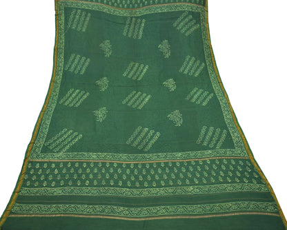 Indian Vintage Green Dupatta Long Stole Block Print Pure Chanderi Silk Scarves Veil Floral Design Upcycle Party wear hijab Zari Border