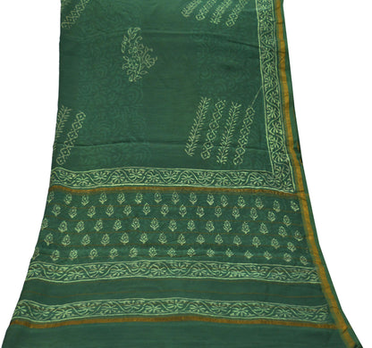 Indian Vintage Green Dupatta Long Stole Block Print Pure Chanderi Silk Scarves Veil Floral Design Upcycle Party wear hijab Zari Border