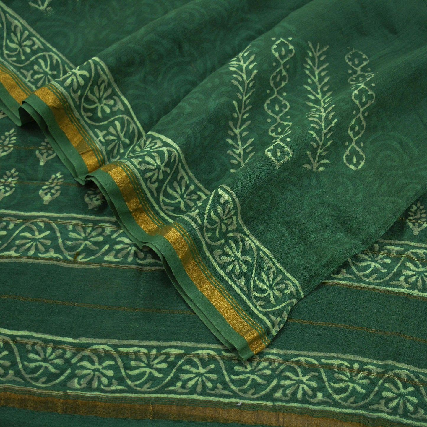 Indian Vintage Green Dupatta Long Stole Block Print Pure Chanderi Silk Scarves Veil Floral Design Upcycle Party wear hijab Zari Border