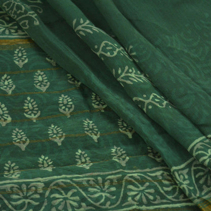 Indian Vintage Green Dupatta Long Stole Block Print Pure Chanderi Silk Scarves Veil Floral Design Upcycle Party wear hijab Zari Border