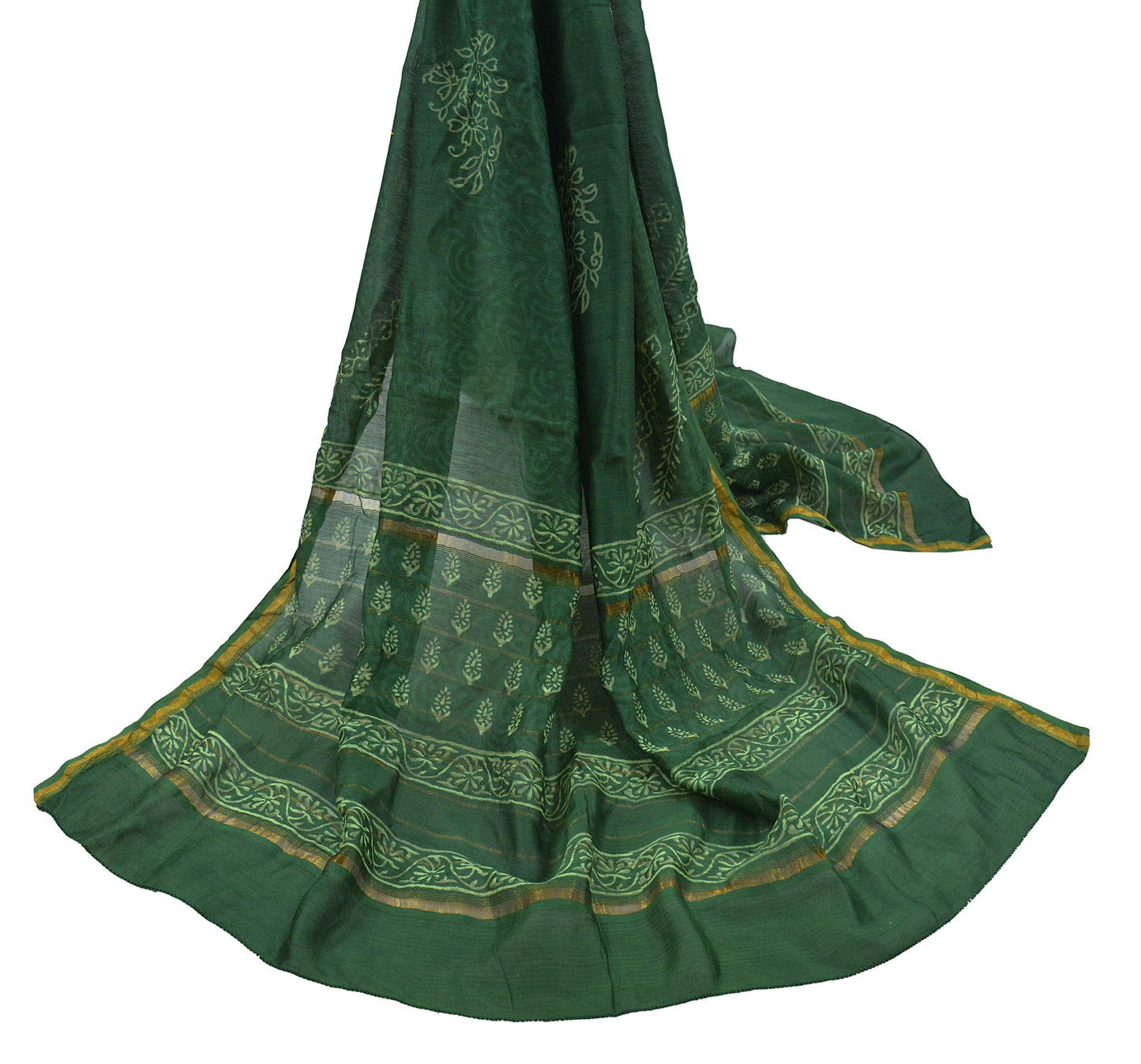 Indian Vintage Green Dupatta Long Stole Block Print Pure Chanderi Silk Scarves Veil Floral Design Upcycle Party wear hijab Zari Border