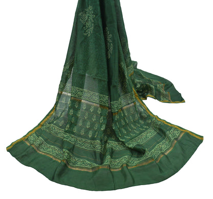 Indian Vintage Green Dupatta Long Stole Block Print Pure Chanderi Silk Scarves Veil Floral Design Upcycle Party wear hijab Zari Border