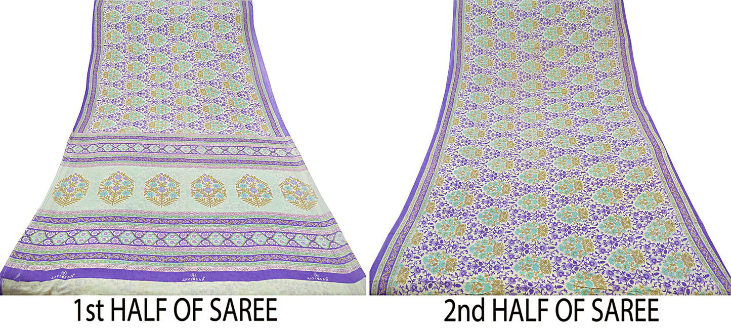 Indian Vintage Sari Purple & Ivory Pure Cotton Printed Saree 5Yd Craft Fabric Sewing Sarong Wrap Boho Floral Quilting crafting dressmaking