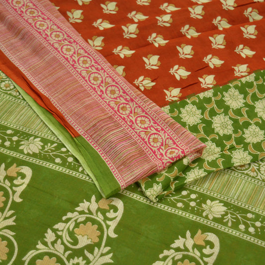 Indian Vintage Sari Green & Orange Printed Pure Cotton Sarees Craft Soft Fabric 5Yard Sewing Sarong Wrap Boho Floral Upcycle Dress making