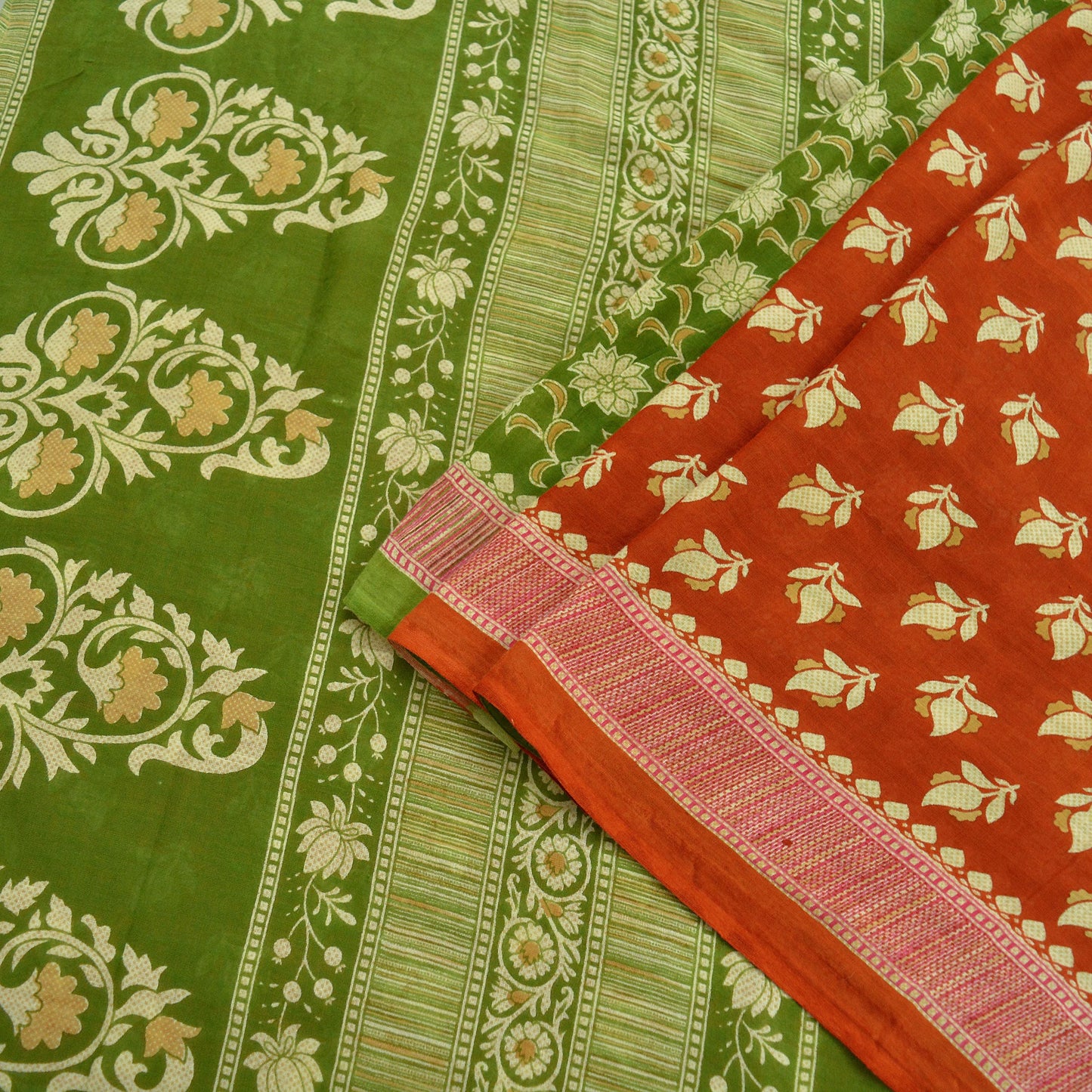 Indian Vintage Sari Green & Orange Printed Pure Cotton Sarees Craft Soft Fabric 5Yard Sewing Sarong Wrap Boho Floral Upcycle Dress making