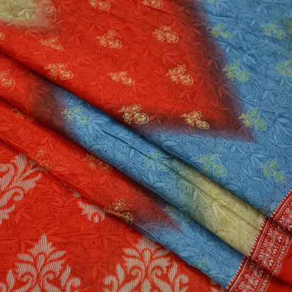 Indian Vintage Sari Blue & Red Printed Pure Cotton Sarees Craft Fabric Soft 5Yd Sewing Sarong Wrap Boho Dress making Quilting Crafting