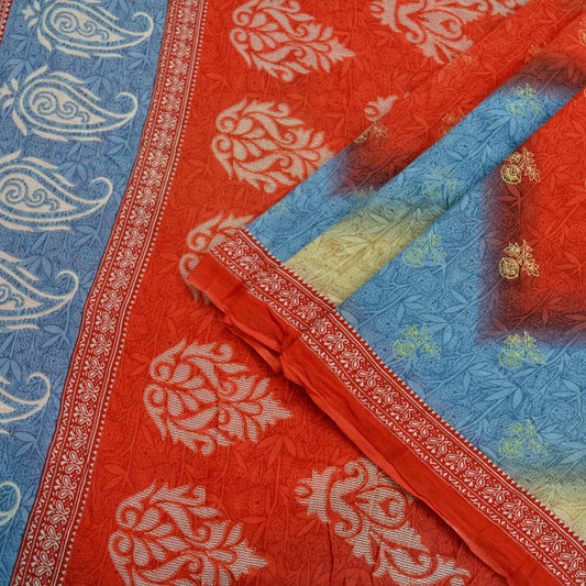 Indian Vintage Sari Blue & Red Printed Pure Cotton Sarees Craft Fabric Soft 5Yd Sewing Sarong Wrap Boho Dress making Quilting Crafting