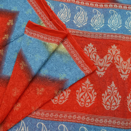 Indian Vintage Sari Blue & Red Printed Pure Cotton Sarees Craft Fabric Soft 5Yd Sewing Sarong Wrap Boho Dress making Quilting Crafting