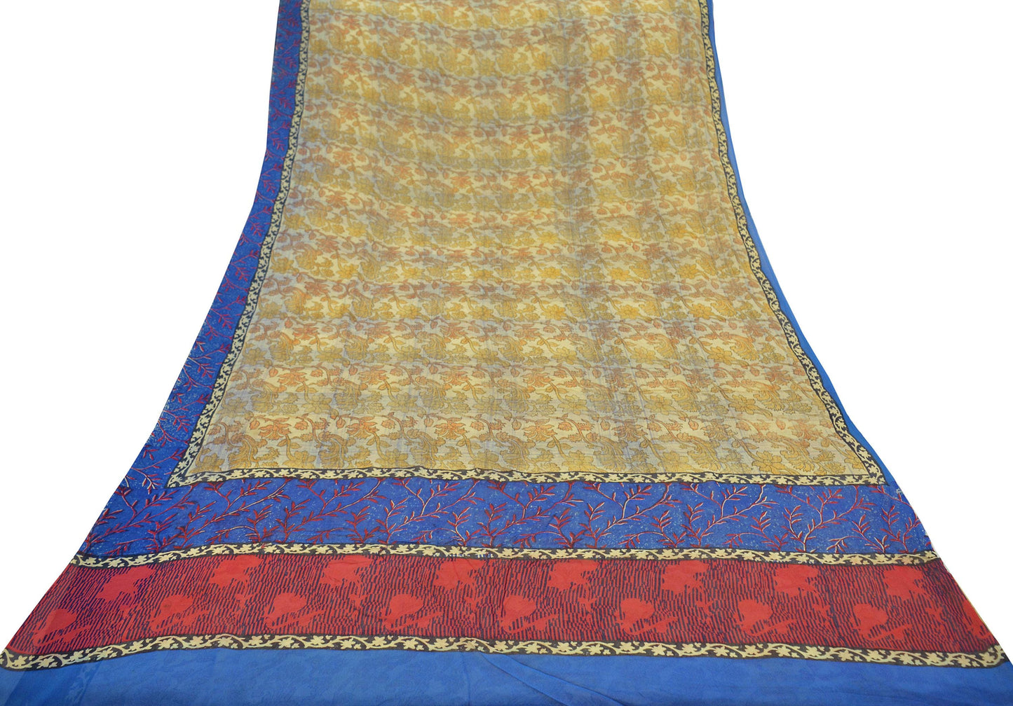 Indian Vintage Sari Beige & Blue Pure Georgette Silk Sarees Craft Fabric Sewing 6Yd Soft Light Dress Making Floral Upcycle Quilting Crafting