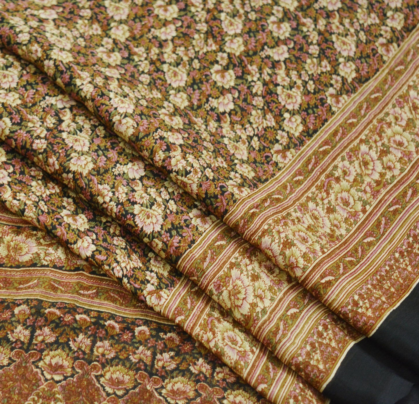 Indian Vintage Sari Black Printed Pure Silk Sarees Craft Fabric 6yd Sewing Floral Soft Dress Designing for Crafting Quilting Upcycle Used